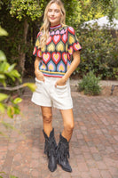 VOY Short Bubble Sleeve Heart Print Knit Top in Multi