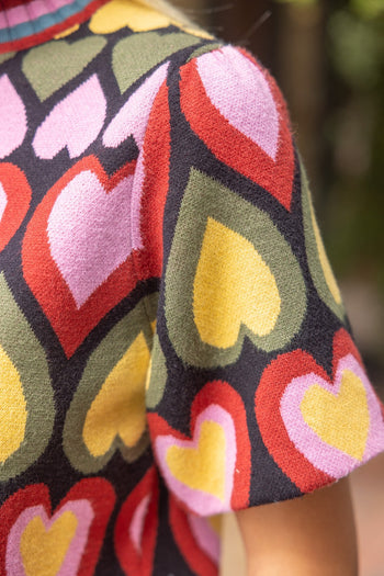 VOY Short Bubble Sleeve Heart Print Knit Top in Multi