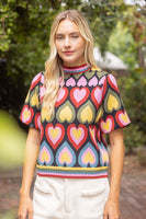 VOY Short Bubble Sleeve Heart Print Knit Top in Multi
