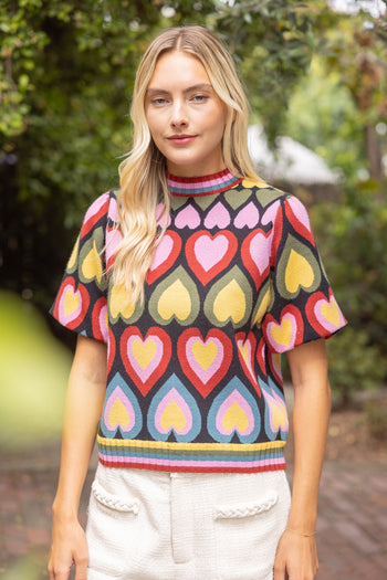 VOY Short Bubble Sleeve Heart Print Knit Top in Multi