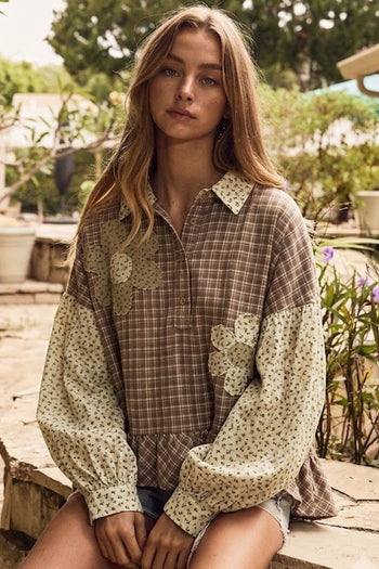 Oddi Plaid and Floral Half Button-Up Shirt with Crochet Patchwork in Taupe Combo