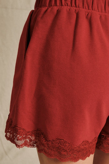 Sunday Edition Lace Trim French Terry Sweatshorts in Dark Red