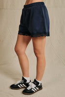 Sunday Edition Lace Trim French Terry Sweatshorts in Navy