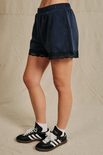 Sunday Edition Lace Trim French Terry Sweatshorts in Navy