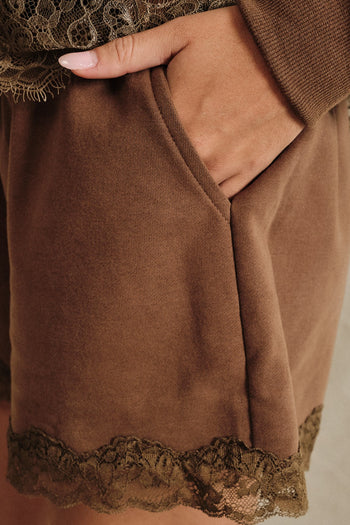 Sunday Edition Lace Trim French Terry Sweatshorts in Brown