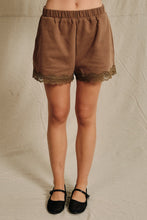 Load image into Gallery viewer, Sunday Edition Lace Trim French Terry Sweatshorts in Brown

