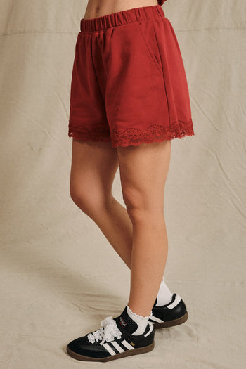 Sunday Edition Lace Trim French Terry Sweatshorts in Dark Red