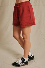 Load image into Gallery viewer, Sunday Edition Lace Trim French Terry Sweatshorts in Dark Red
