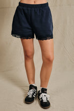 Load image into Gallery viewer, Sunday Edition Lace Trim French Terry Sweatshorts in Navy
