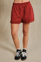 Sunday Edition Lace Trim French Terry Sweatshorts in Dark Red