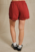 Sunday Edition Lace Trim French Terry Sweatshorts in Dark Red