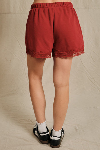 Sunday Edition Lace Trim French Terry Sweatshorts in Dark Red