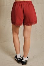 Load image into Gallery viewer, Sunday Edition Lace Trim French Terry Sweatshorts in Dark Red

