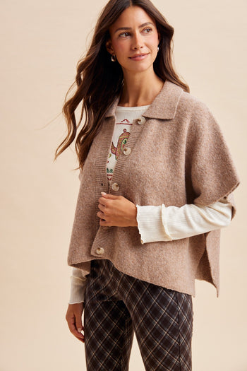 AnnieWear Side Slit Sweater Cape Cardigan in Latte