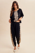 Load image into Gallery viewer, AnnieWear Lace Trim Satin Gathered Blouse and Balloon Pants Set in Black
