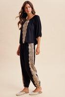 AnnieWear Lace Trim Satin Gathered Blouse and Balloon Pants Set in Black