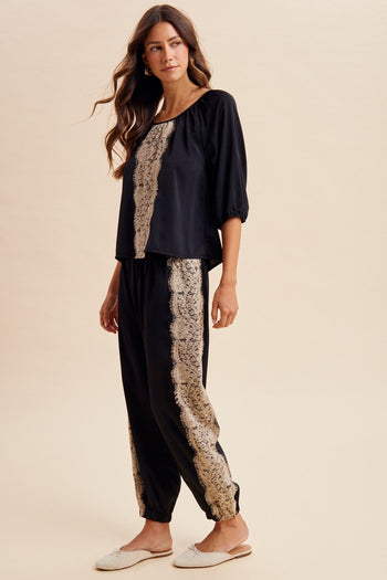 AnnieWear Lace Trim Satin Gathered Blouse and Balloon Pants Set in Black