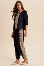 Load image into Gallery viewer, AnnieWear Lace Trim Satin Gathered Blouse and Balloon Pants Set in Black
