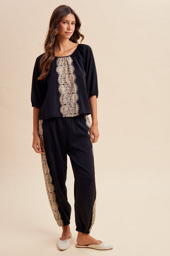 AnnieWear Lace Trim Satin Gathered Blouse and Balloon Pants Set in Black