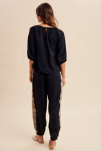 Load image into Gallery viewer, AnnieWear Lace Trim Satin Gathered Blouse and Balloon Pants Set in Black
