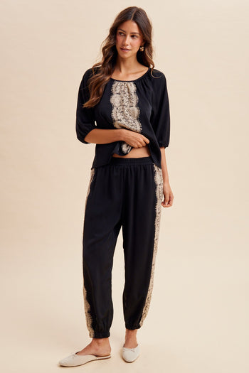 AnnieWear Lace Trim Satin Gathered Blouse and Balloon Pants Set in Black