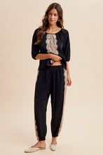 Load image into Gallery viewer, AnnieWear Lace Trim Satin Gathered Blouse and Balloon Pants Set in Black

