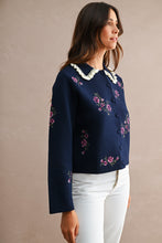 Load image into Gallery viewer, MABLE Floral Embroidered Contrast Scalloped Collar Knit Cardigan in Navy
