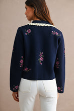 Load image into Gallery viewer, MABLE Floral Embroidered Contrast Scalloped Collar Knit Cardigan in Navy
