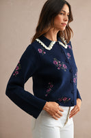 MABLE Floral Embroidered Contrast Scalloped Collar Knit Cardigan in Navy