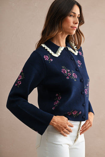 MABLE Floral Embroidered Contrast Scalloped Collar Knit Cardigan in Navy