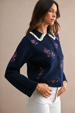 Load image into Gallery viewer, MABLE Floral Embroidered Contrast Scalloped Collar Knit Cardigan in Navy
