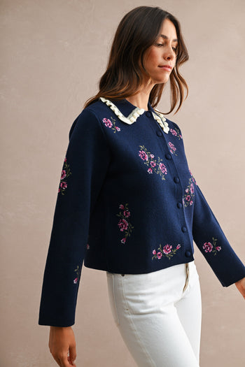 MABLE Floral Embroidered Contrast Scalloped Collar Knit Cardigan in Navy
