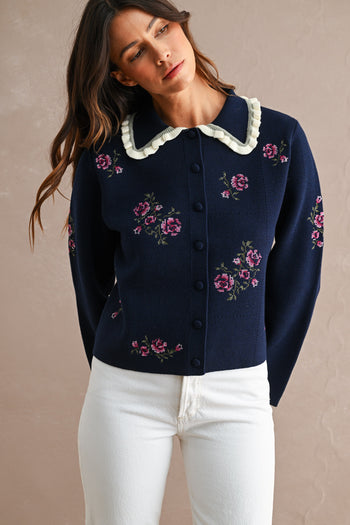 MABLE Floral Embroidered Contrast Scalloped Collar Knit Cardigan in Navy