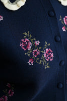 MABLE Floral Embroidered Contrast Scalloped Collar Knit Cardigan in Navy