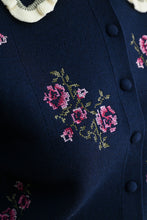 Load image into Gallery viewer, MABLE Floral Embroidered Contrast Scalloped Collar Knit Cardigan in Navy

