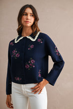 Load image into Gallery viewer, MABLE Floral Embroidered Contrast Scalloped Collar Knit Cardigan in Navy
