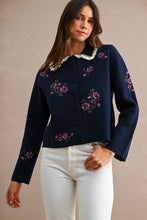 Load image into Gallery viewer, MABLE Floral Embroidered Contrast Scalloped Collar Knit Cardigan in Navy
