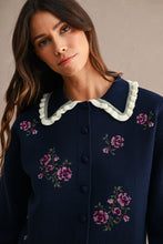 Load image into Gallery viewer, MABLE Floral Embroidered Contrast Scalloped Collar Knit Cardigan in Navy
