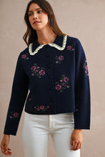 Load image into Gallery viewer, MABLE Floral Embroidered Contrast Scalloped Collar Knit Cardigan in Navy
