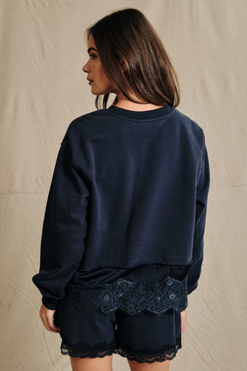 Sunday Edition Lace Trim Hem Sweatshirt in Navy