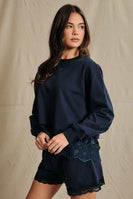 Sunday Edition Lace Trim Hem Sweatshirt in Navy