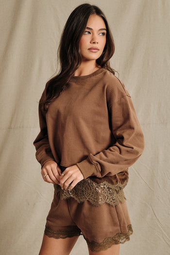 Sunday Edition Lace Trim Hem Sweatshirt in Brown