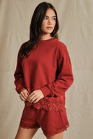 Sunday Edition Lace Trim Hem Sweatshirt in Dark Red