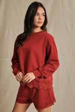 Load image into Gallery viewer, Sunday Edition Lace Trim Hem Sweatshirt in Dark Red
