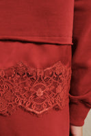 Sunday Edition Lace Trim Hem Sweatshirt in Dark Red