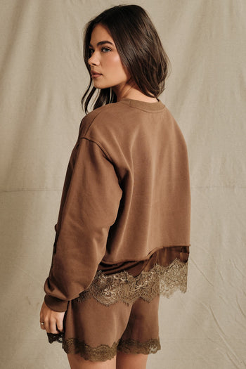 Sunday Edition Lace Trim Hem Sweatshirt in Brown