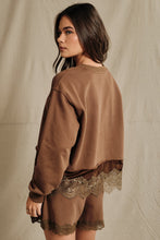 Load image into Gallery viewer, Sunday Edition Lace Trim Hem Sweatshirt in Brown
