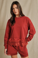 Sunday Edition Lace Trim Hem Sweatshirt in Dark Red