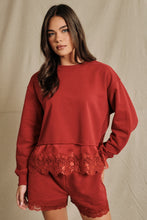 Load image into Gallery viewer, Sunday Edition Lace Trim Hem Sweatshirt in Dark Red
