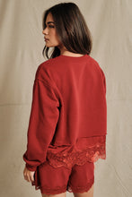 Load image into Gallery viewer, Sunday Edition Lace Trim Hem Sweatshirt in Dark Red

